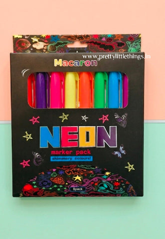 pack of 8 neon shimmer color pens which are non toxic and water based. 