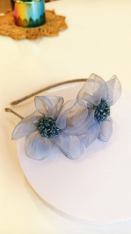 Twin Flowers Zardozi Work Organza Hair Bands